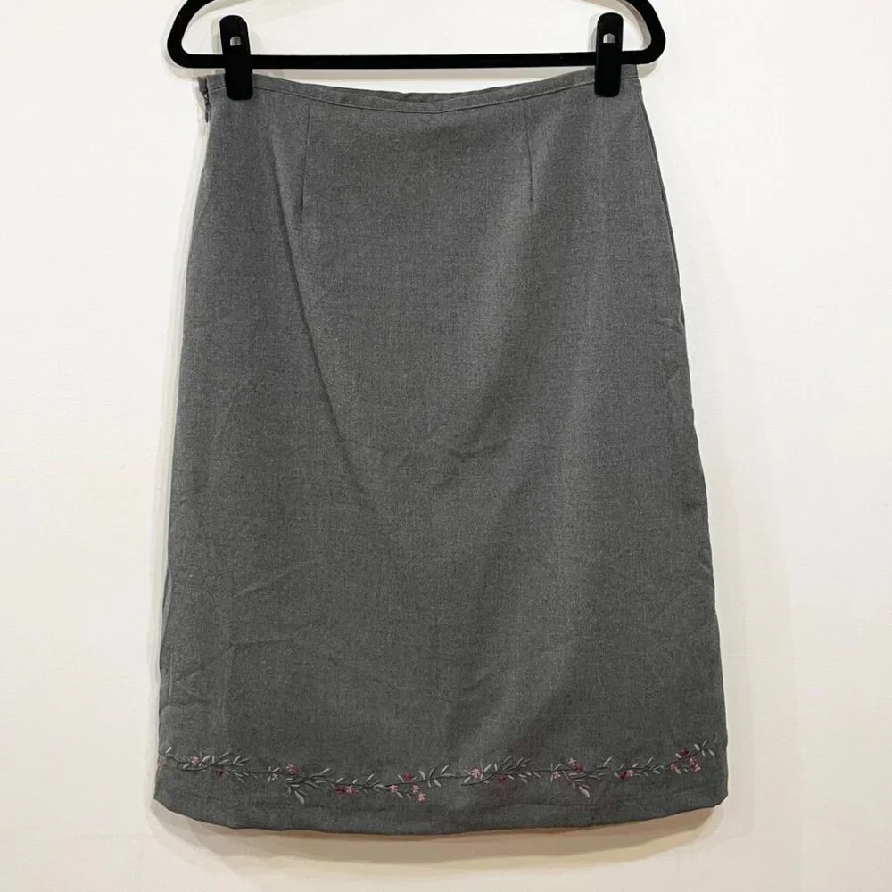 EUC Vintage Gap Embroidered Midi Skirt Gray Pink 10, Medium